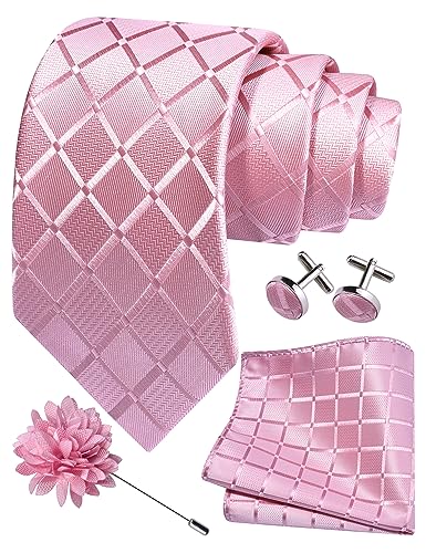 Image of GUSLESON 3.15 inch(8cm) Mens Tie and Lapel Pin Plaid Checkered Necktie Hankerchief Cufflinks Set for Men