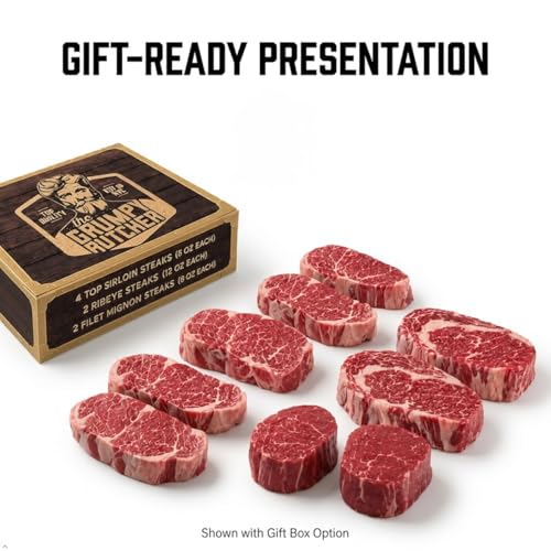 Image of Grumpy Butcher 8 Steaks Full House Set - 4 Top Sirloin, 2 Ribeye Steaks & 2 Filet Mignon - USDA Top Choice - Steakhouse Quality Meat With Food Gifts Box Option