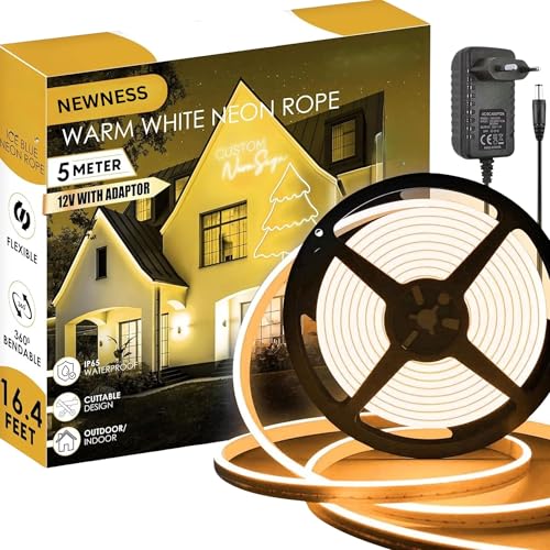 Image of NEWNESS 13.2 Feet Warm White Neon LED Strip Light | IP65 Waterproof Indoor Outdoor Flexible Silicone Rope Light with 12V Adapter for Home Decor