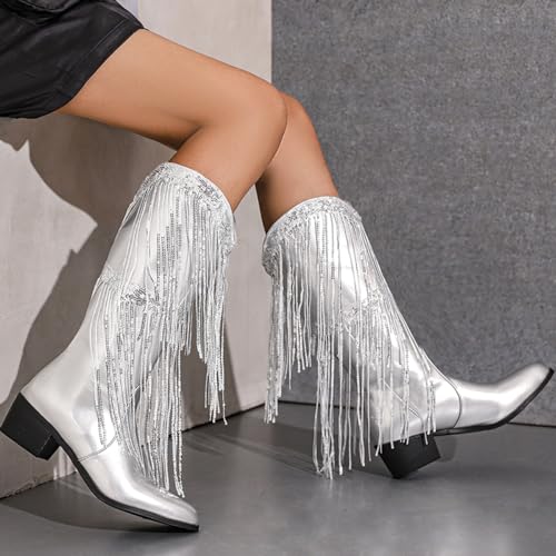 PAUVAODY Mode Kwast Cowboy Laarzen voor dames Metallic Cowgirl Mid-Calf Laarzen - Afbeelding 6