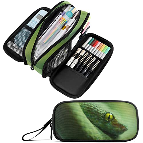 Image of Fustylead Green Snake Large Pencil Case, Minimalist Portable Stationery Bag Cosmetics Bag with Handle for Middle High College School Office Travel