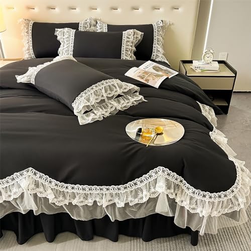 MOOWOO Chic Ruffle Lace Polyester Duvet Cover Set -Girl Black Bedding-3 Piece Queen Duvet Cover with Zipper Closure -Ultra Soft and Light Weight (Black,Full)