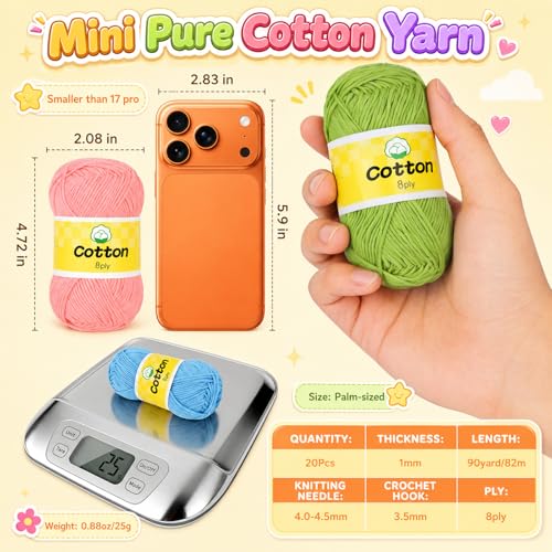 Image of Coopay Mini Cotton Yarn for Crocheting -1OO% Pure Cotton Crochet Yarn of 20 Pack 25g /0.88oz -#2 Sport Weight -90Yds, Soft Breathable Baby Yarn Set for Knitting Crafts, Gifts for Beginners & Crocheters