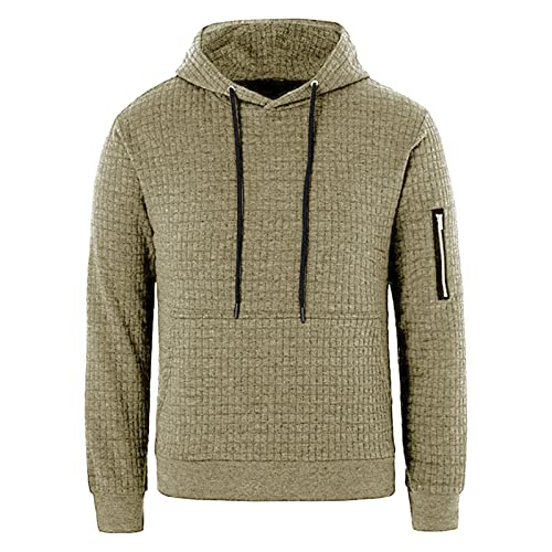 Maiyifu-GJ Men's Plaid Jacquard Pullover Hoodies Long Sleeve Gym Hooded Sweatshirts Casual Drawstring Hoodie with Pocket (Khaki,Medium)