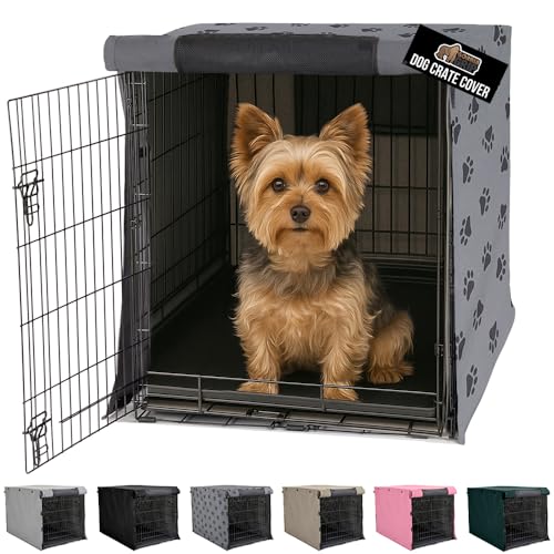 GORILLA GRIP Dog Crate Covers compatible with Amazon Basics Dog Crates All Sides Open Privacy Cover Fits 24 Wire Kennel Breathable Mesh Windows Light Reducing Puppy Training Cage Topper Gray Paw