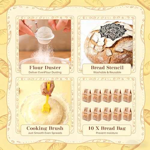 Sourdough Starter Kit, Sourdough Bread Baking Supplies, Round & Oval Banneton Bread Proofing Basket, Bread Sling, Starter Jar, Dough Whisk, Scrapers, Stencils & Bag, Complete Sourdough Kit Gifts #5