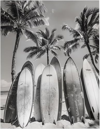 Retro Surf Poster,Vintage Surf & Palm Trees Black And White
