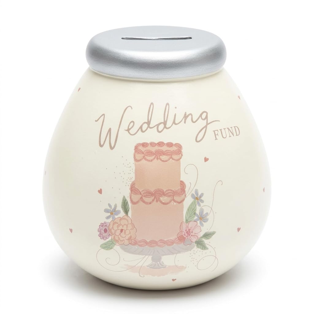 Pot of Dreams Wedding Fund Money Box – Hand Painted Ceramic Savings Pot, Smash to Open Piggy Bank, Wedding Cake Design, Save Up to £1000 in £2 Coins, 15cm Keepsake Gift