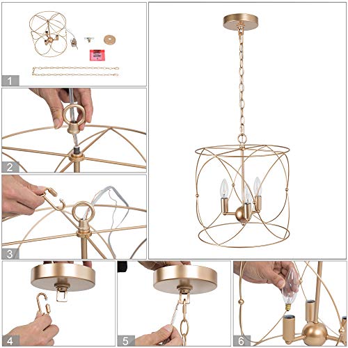 Modern Gold Chandelier, 3-Light Cylindrical Cage Pendant Lighting for Kitchen Island, Foyer Drum Pendant Hanging Light Fixture for Dining Room & Entryway, Dark Gold Finish, 13’’ D x 14’’ H - Thumbnail 7