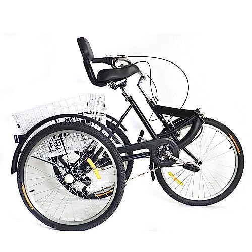 Triciclo plegable de 24 pulgadas para adultos 3 ruedas bicicleta con cesta y respaldo 7 velocidades triciclo ajustable en altura con cesta plegable delantera para adultos mayores (asiento plegable con