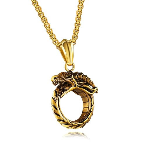 WULZST Gold Ouroboros Eternal Circle Pendant Necklace for Men Stainless Steel Fixed Chain Ancient Symbol Jewelry Gift for Boyfriend Mystical Mens Necklace Durable Hypoallergenic Mens Jewelry Design