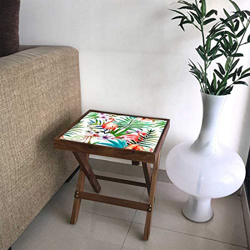 Image of Nutcase Designer Teak Wood Side Table Folding Wooden Bedside Coffee Outdoor Picnic Table - Flamingoes Floral