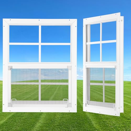 Handersun 18 x 23 Shed Windows 2 Pack Small Sliding Window with Tempered Glass & Metal Mesh Screen Flush Mount Windows for Shed Chicken Coop Barn Household Garage Basement Cabin Playhouse