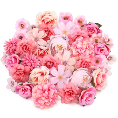 saerryor 40 flores artificiales para decoración, cabezas de flores falsas para decoración de pasteles, pequeñas flores de seda, rosas rosas rosas para decoración de fiestas, ramo de novia, panel de