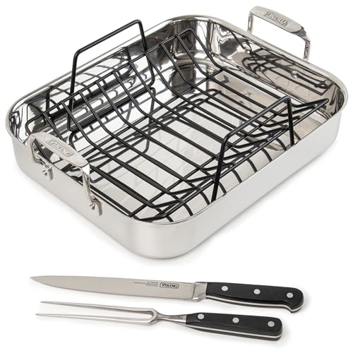 Viking 3-Ply Stainless Steel Roasting Pan with Nonstick Rack and Carving Set, 16 x 13 Inch Kitchen Cookware, Great for Turkey, Dishwasher and Oven Safe, Induction Ready, SIlver