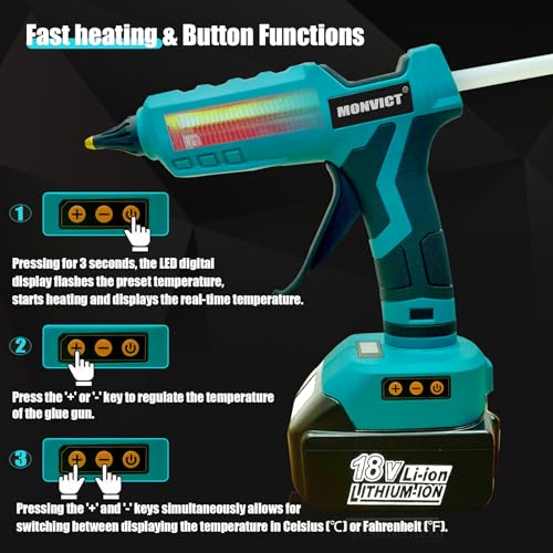 MONVICT 100W Cordless Glue Gun for Makita 18V Battery, Upgraded Digital Temperature Adjustable Handheld Electric Power Full Size Heavy Duty Hot Glue Gun with 10 Glue Sticks (Battery Not Included) by MONVICT - Image 6