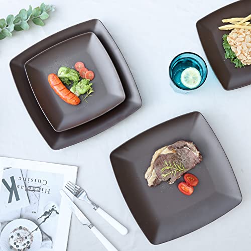 Melamine 12Pcs Classic Square Dinnerware Set, Concise Plates And Bowls Set, Service For 4, Dishwasher Safe (Dark Brown) #TOP6