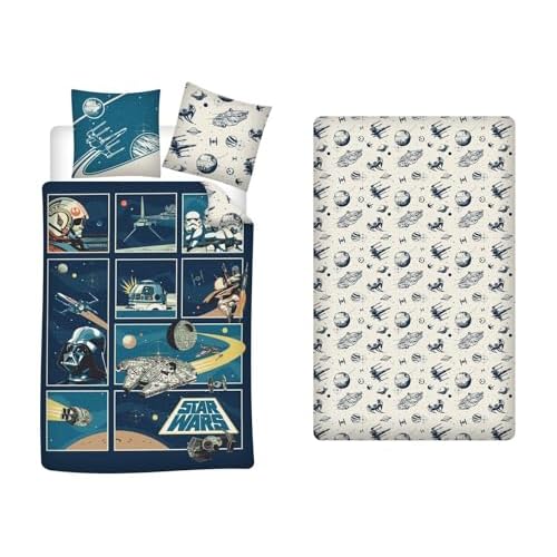 AYMAX Star Wars Classic - Juego de cama de 3 piezas para cama individual, 100% algodón, funda nórdica reversible de 140 x 200 cm, funda de almohada de 65 x 65 cm + sábana bajera de 90 x 190 cm