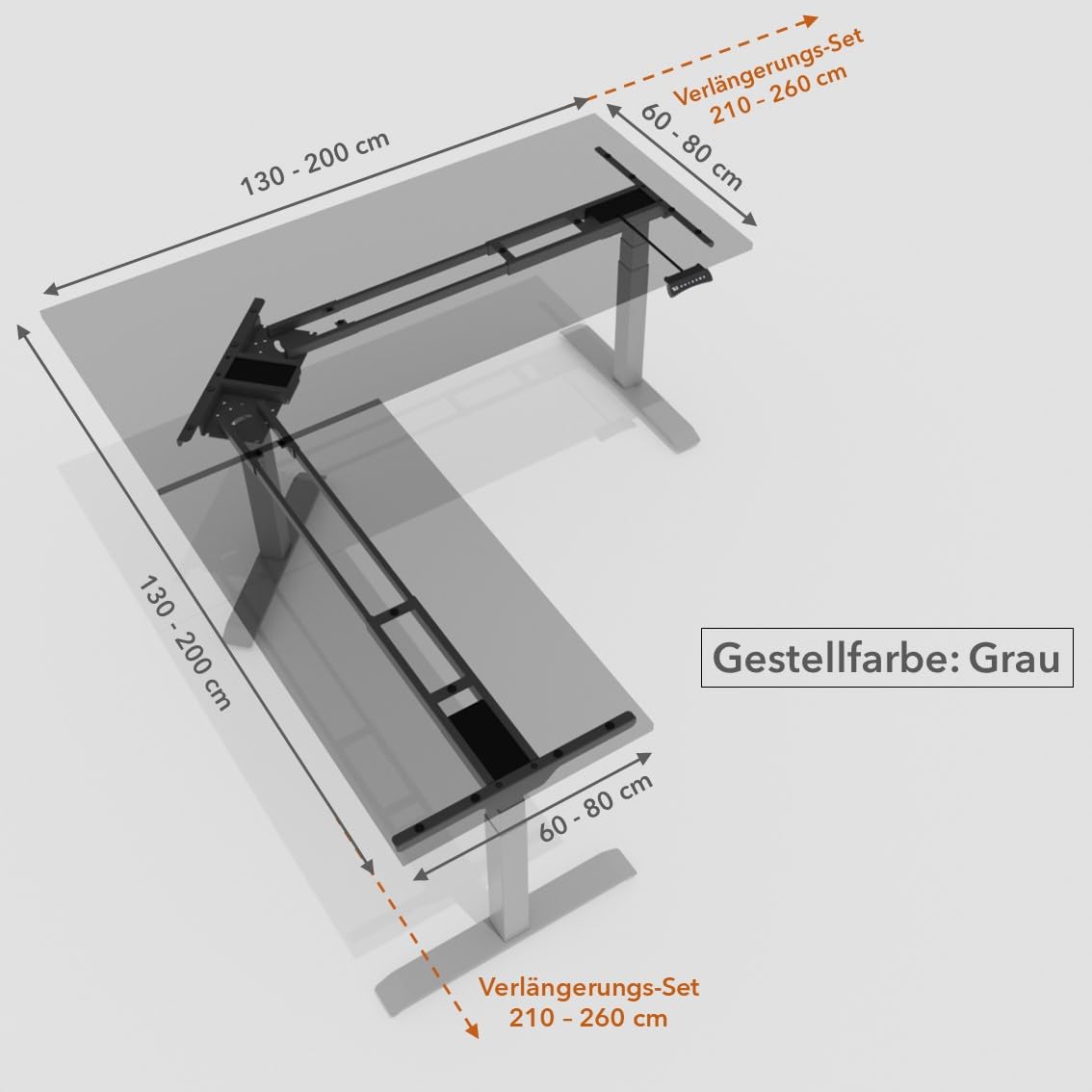 Eckschreibtisch Elektrisch Höhenverstellbar Gestell Memory-Funktion & Anti-Kollision L-Form (Grau, Ohne Verlängerungs-Set)