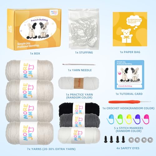 Image of MOREJMTT Crochet Kit for Beginners Animal,Crochet Animal Kits,Crocheting Kit for Starters,Learn to Crochet with Step-by-Step Video Tutorials,Beginner Crochet Kits for Adults(2 Pack French Bulldog)