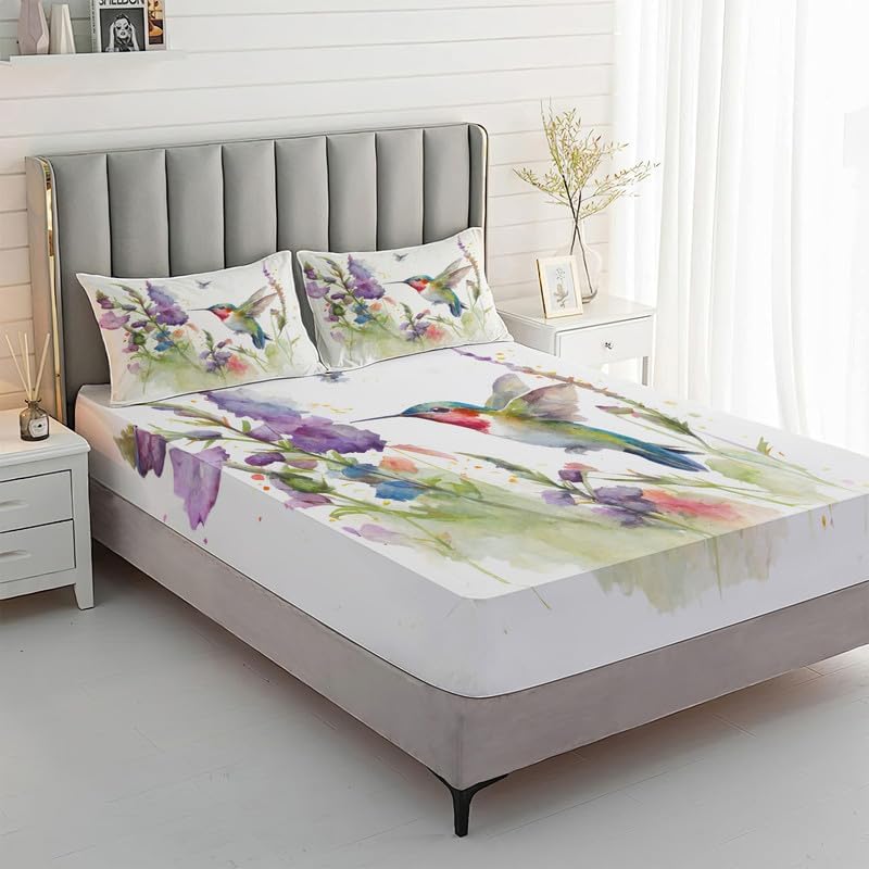 Miniatura 2 de Sábanas de colibrí tamaño King  Sábanas de cama florales, microfibra suave, bolsillo profundo, sábanas y fundas de almohada estampadas sin arrugas,
