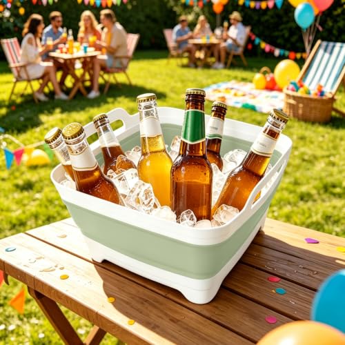 Image of FOSJGO Collapsible Dish Basin with Drain Plug, 2.4 Gal (9L) Space-Saving Foldable Sink, Wash Basin for Kitchen, Baby Bottles, Vegetable Washing, Camping, RV and Party Beverage Tubs (Light Green)