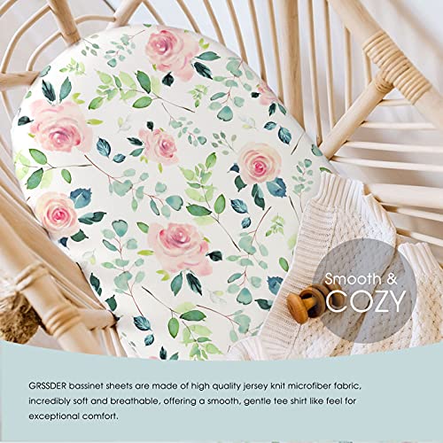 Image of GRSSDER Stretchy Ultra Soft Baby Fitted Bassinet Sheet Set 2 Pack, Universal Cradle Sheet Set for Rectangle, Oval, or Hourglass Bassinet Pad /Mattress,Pink Rose Bassinet Sheets for Girls