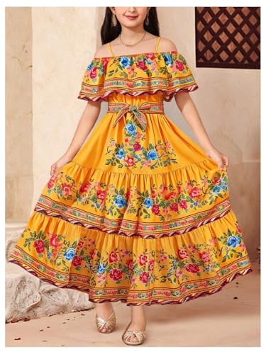 Girl's Boho Floral Dress Cold Shoulder Short Sleeve Flowy Summer Vacation Maxi Dresses3