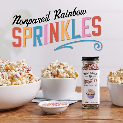 Image of Watkins Gourmet Decorating Sprinkles, Rainbow Nonpareils, Jar, 1 Count, 4.2 Ounce (Pack of 12)