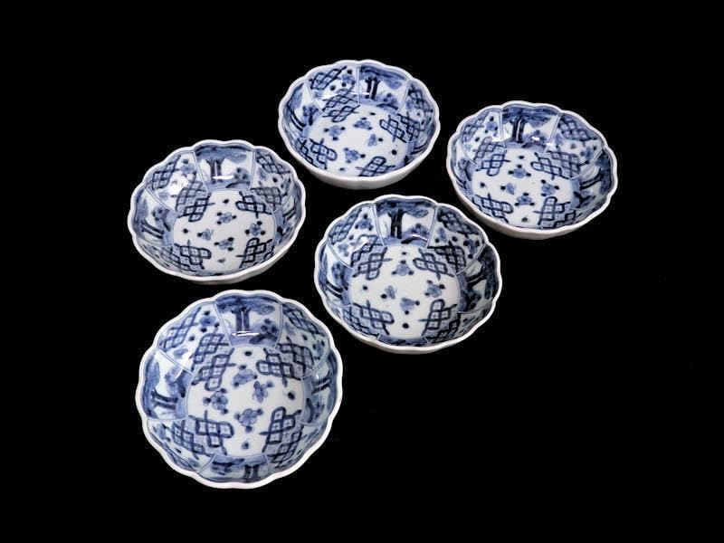 古伊万里　染付　七宝紋に梅の図　膾皿　５客　381AS-CAv 古伊万里 染付 七宝紋に梅の図 膾皿 5客 381AS-CAv 古伊万里 染付