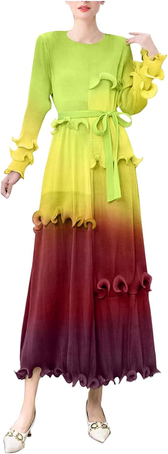 FZYLQY Womens Gradient Ruffle Maxi Dress Long Sleeve Elegant Belted Pleated Ombre Dress Flowy Chiffon Party Evening Gown