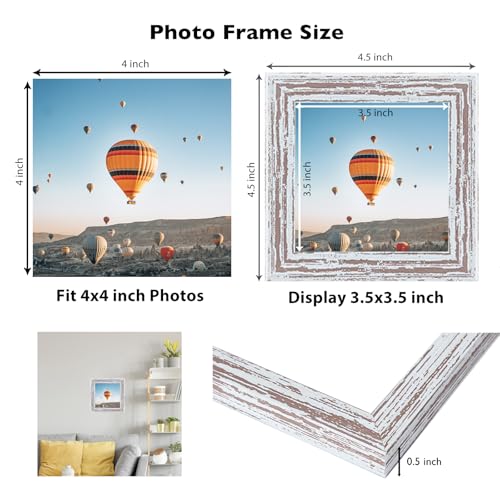 Image of JCJMY 4x4 Picture Frame Rustic White for Wall Hanging or Tabletop, Wall Mounting Horizontally or Vertically, 4 x 4 Wall Gallery Poster Photo Frame with Shatter Resistant Plexiglass, Rustic White