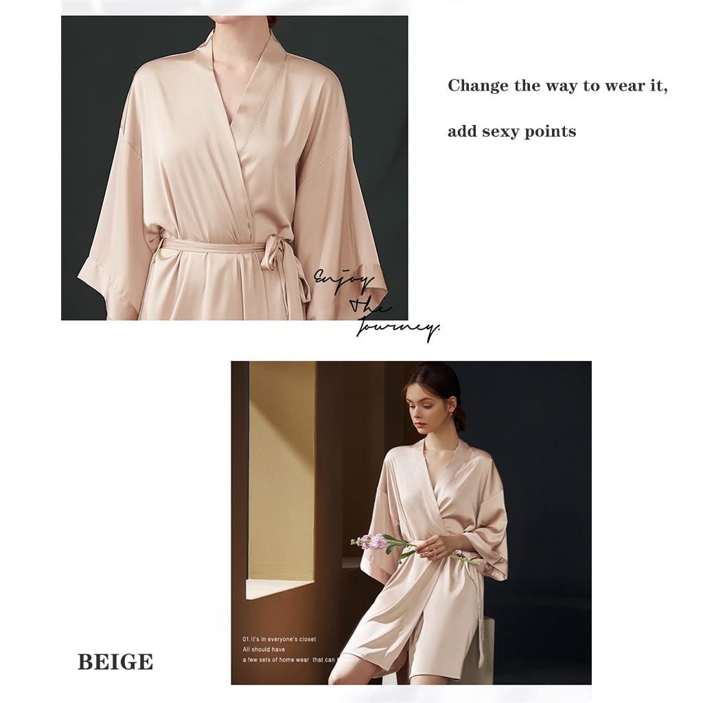 MTFBQ Seidenpyjamas Nachthemd Für Frauen Neuer Sommer Eisseide Dünnes Nachthemd Sexy Bademantel Brautjungfer Hochzeit Morgenmantel Langarm Knielänge (Color : Beige, Size : S-84cm)