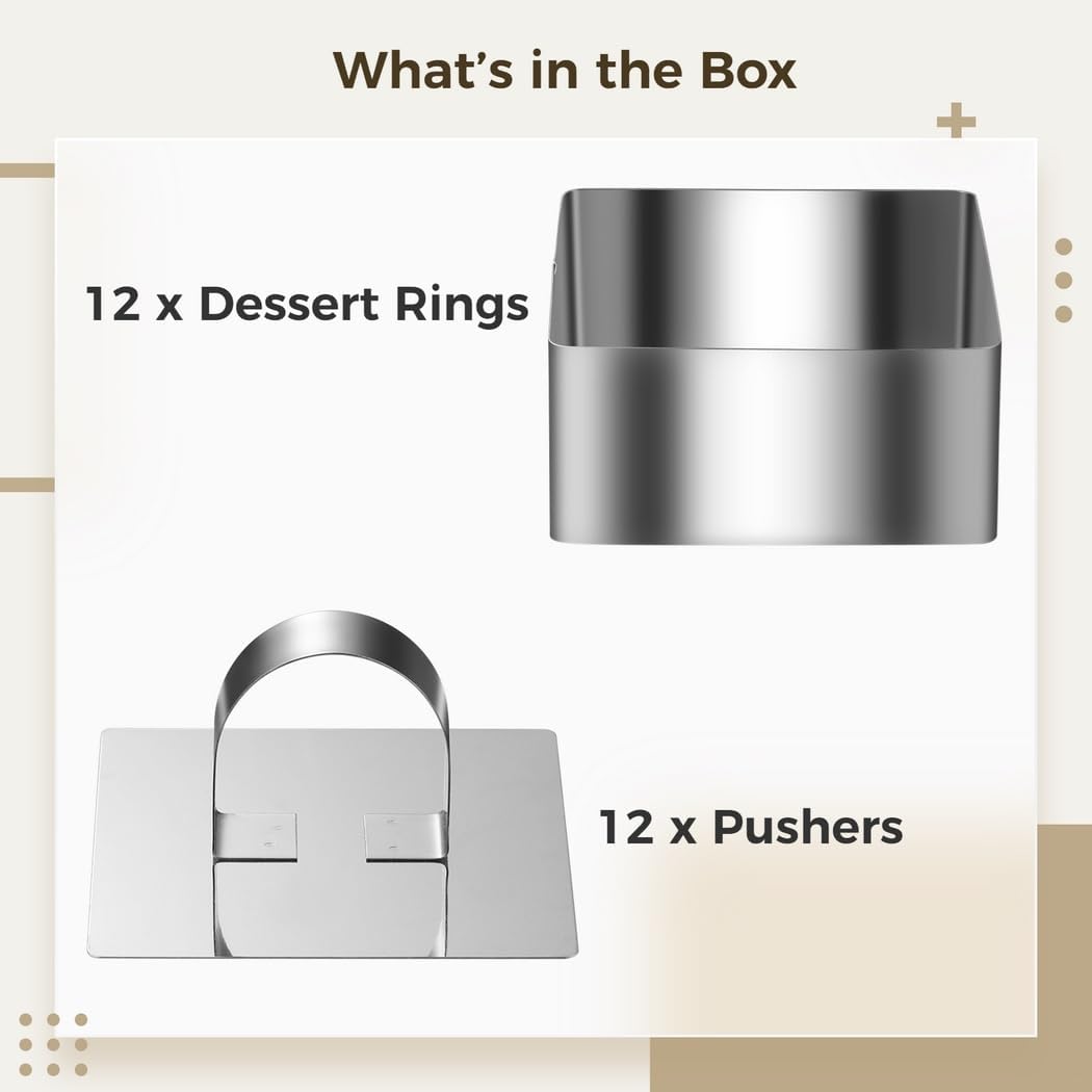 For Baking Pancakes Biscuits Desserts, Mousse Ring Molds Set, 3.15 In X 1.46 In, Square Dessert Mousse Molds, 12 Pcs Stainless Steel Cake Rings With Pusher