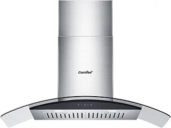 COMFEE' Curved Glass Range Hood 36 Inch 450 CFM 3 Speed Gesture Sensing &Touch Control Panel Stainless Steel Kitchen Ductless/Ducted Convertible with Baffle Filters and 2 LED Lights (CVG36W9AST)