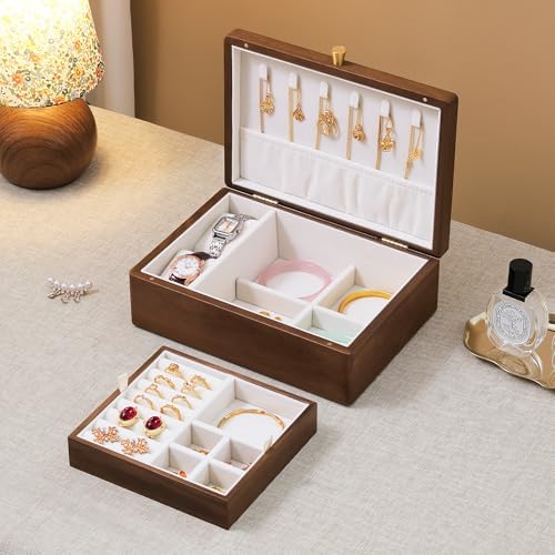 Black Walnut Wooden Jewelry Box, 2 Layer Necklace Organizer Case ...