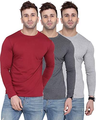 Kroptee Men Cotton Regular Fit Solid Full Sleeve Round Neck Rust Red,Lite Grey & Dark Grey T-Shirt(Pack of 3),2XL