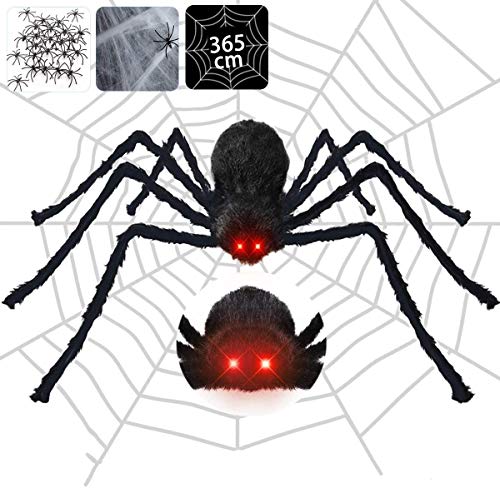 Halloween Spider Decorations Outdoor with Red LED Eyes and Spooky Sound, 4.1 ft Giant Scary Spider+12ft Spider Web+Stretch Spiders Cobweb+20 Small Plastic Spiders for Indoor Outdoor Yard Creepy Decor