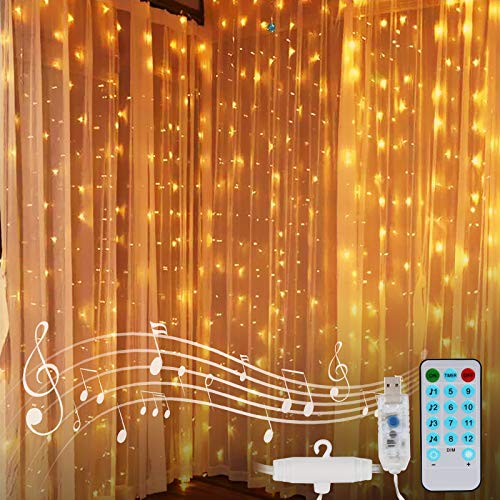 Cortina de Luces LED USB, 3 m x 3 m 300LEDs Luces de Cortina, 8 Modos de Luz con Control Remoto y voz, Cortina Luces LED para Decoración de Balcón, Jardín, Partido, Navidad
