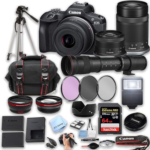 Canon EOS R100, 18-45mm and 55-210mm Lenses + 420-800mm Super Telephoto Lens + 64GB Extreme Speed Memory, Filters, Case, Tripod, Flash, and More - Pro Bundle (32pc), Black (Renewed)