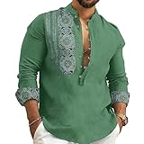 Green Geometry 2XL 2024 Linen Shirts for Men Henley Long Sleeve Casual Banded Collar Button Vintage Beach Hawaiian T Shirt