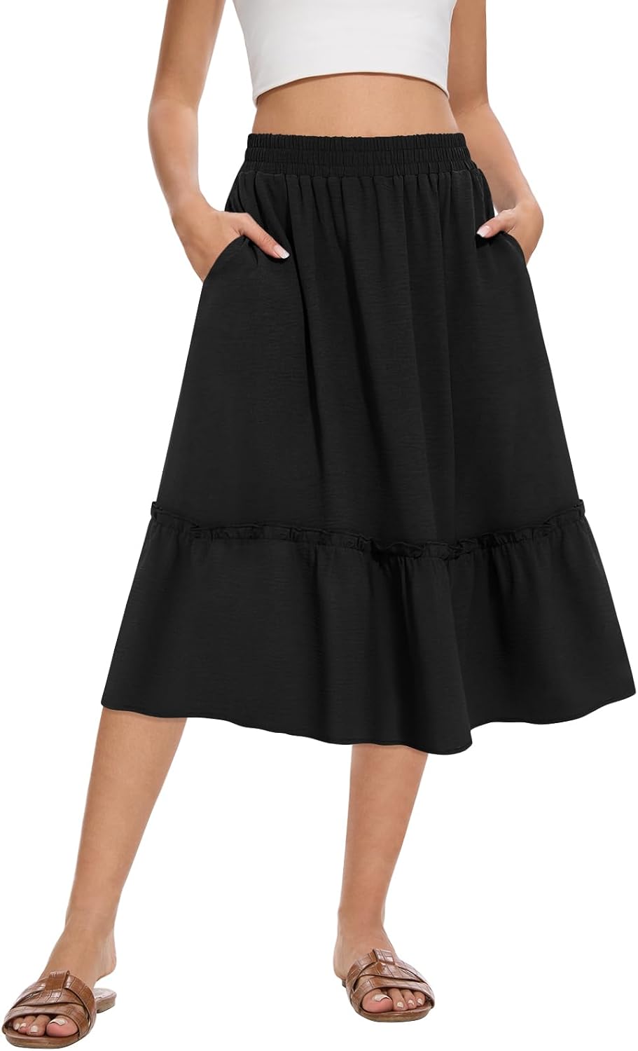 Womens high waist midi skirts summer flowy tiered skirt