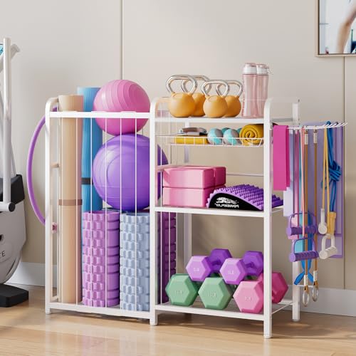 Homsorout Home Gym Storage Rack - Exercise Equipment Storage Organizer for Yoga Mat Dumbbells Kettlebells Foam Roller & Resistance Bands, Ideal Yoga Mat Holder & Workout Equipment Organizer(White)