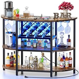 Zarler Bar Table Cabinet with Power Outlet, LED Home Mini Bar Cabinet for Liquor, Metal Wine Bar Stand with 4-Tier Storage, Easy to Assemble, Brown