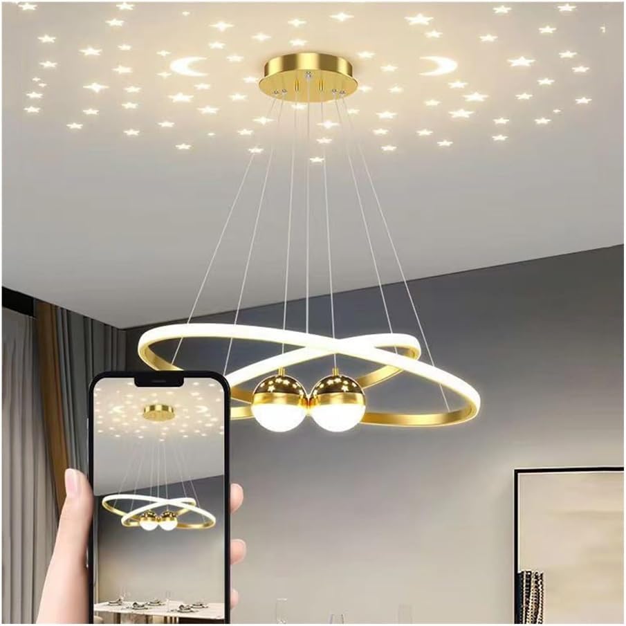 Dimmable LED Chandelier Modern Round Hanging Lamps with Remote Control 2 Ring 60W Projection Star Gold Pendant Light