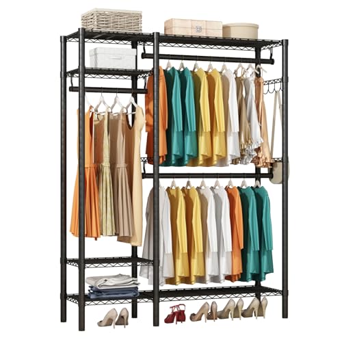 KZOBYD Portant à vêtements robuste en métal avec 3 tringles de suspension, étagère de rangement réglable sur pied avec 4 étagères pour manteaux, sacs,...