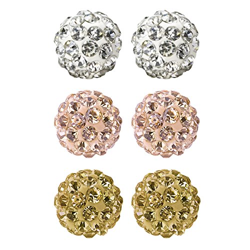 JewelrieShop Rhinestones Crystal Ball Stud Earrings Set Fireball Disco Ball Pave Bead Earrings Hypoallergenic for Girls Women 6mm x 3 Pairs (White, Rose Gold, Gold)
