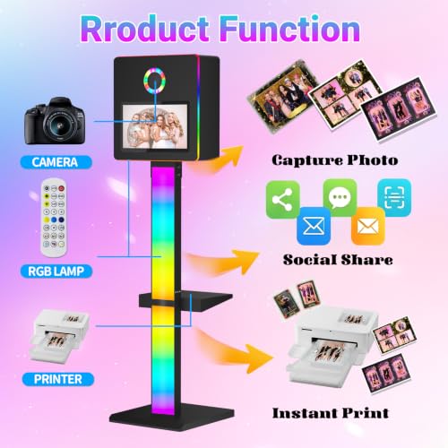Image of DSLR Photo Booth Built-in Mini PC and Flight Case Mirror Photo Booth with 15.6 inch Touch Screen RGB Lights App Control for Parties Weddings Event Rentals (Black+Printer)