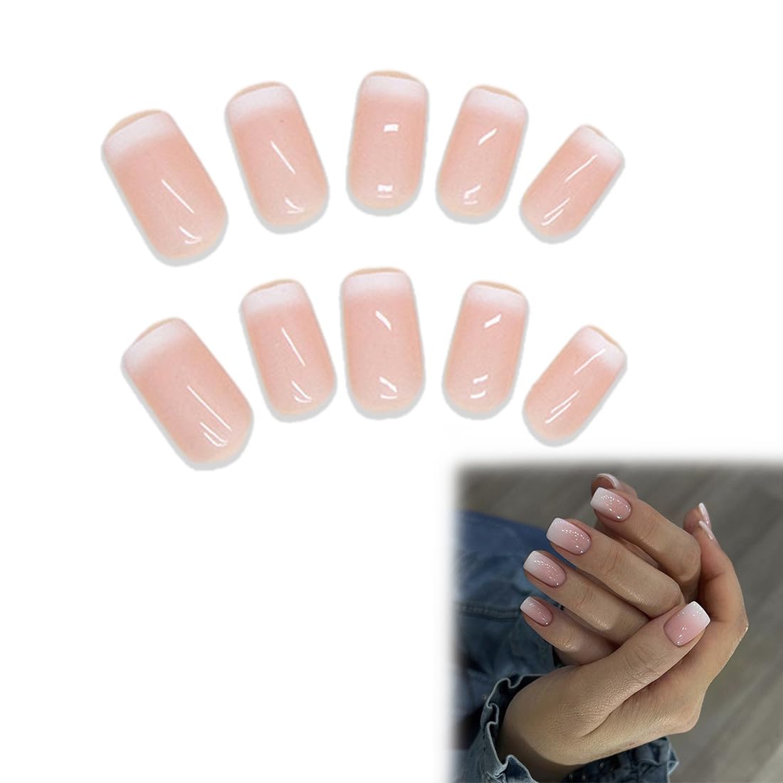 24 Piezas Uñas Postizas Francesas, Uñas Cortas Degradadas Rosadas con Pegamento para Uñas, Uñas Postizas Artificiales Cuadradas, para Arte de Uñas para Mujeres y Niñas