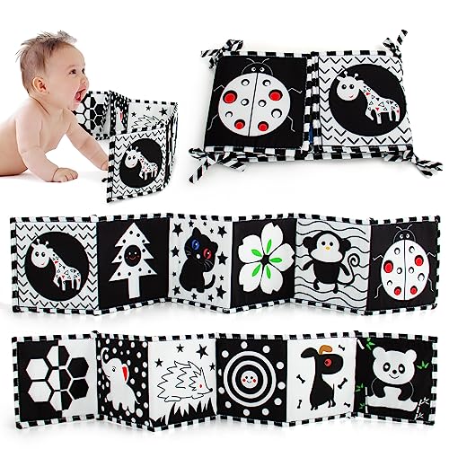 Cawgug Black and White High Contrast Soft Book for Babies 0-12 Months – Early Education Infant Tummy Time and Sensory Toys, Montessori Cloth Book Activities